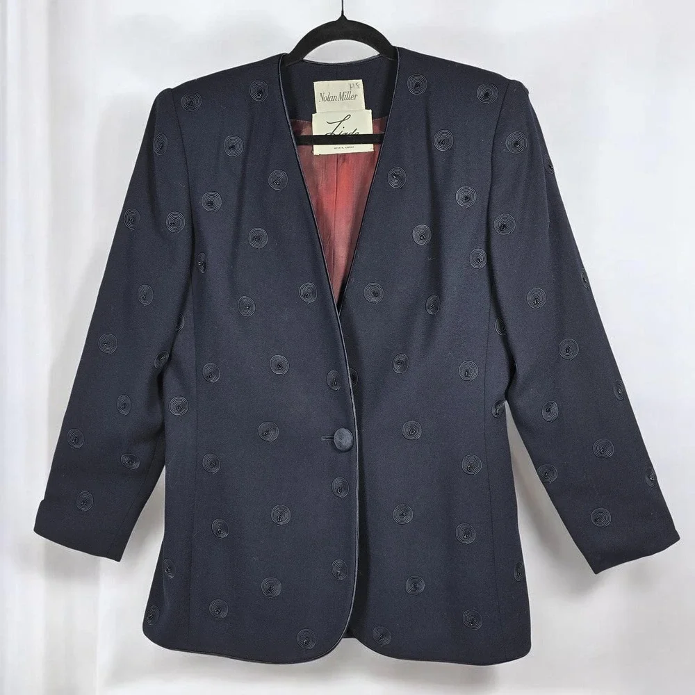 Nolan Miller Vintage Blazer Jacket Women 10 Navy Wool Soutache Spiral Collarless